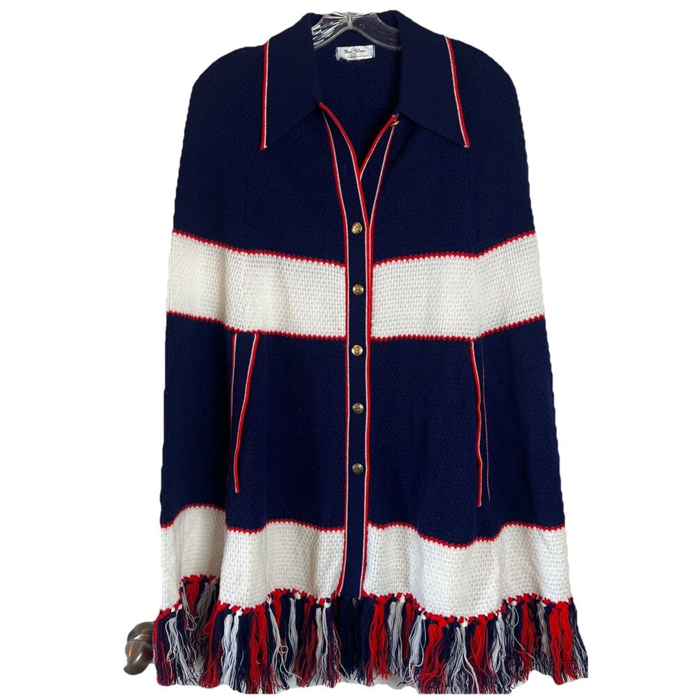 Vintage 70's Retro Bee Wear Knit Fringe Red Blue White Poncho Cape One Size